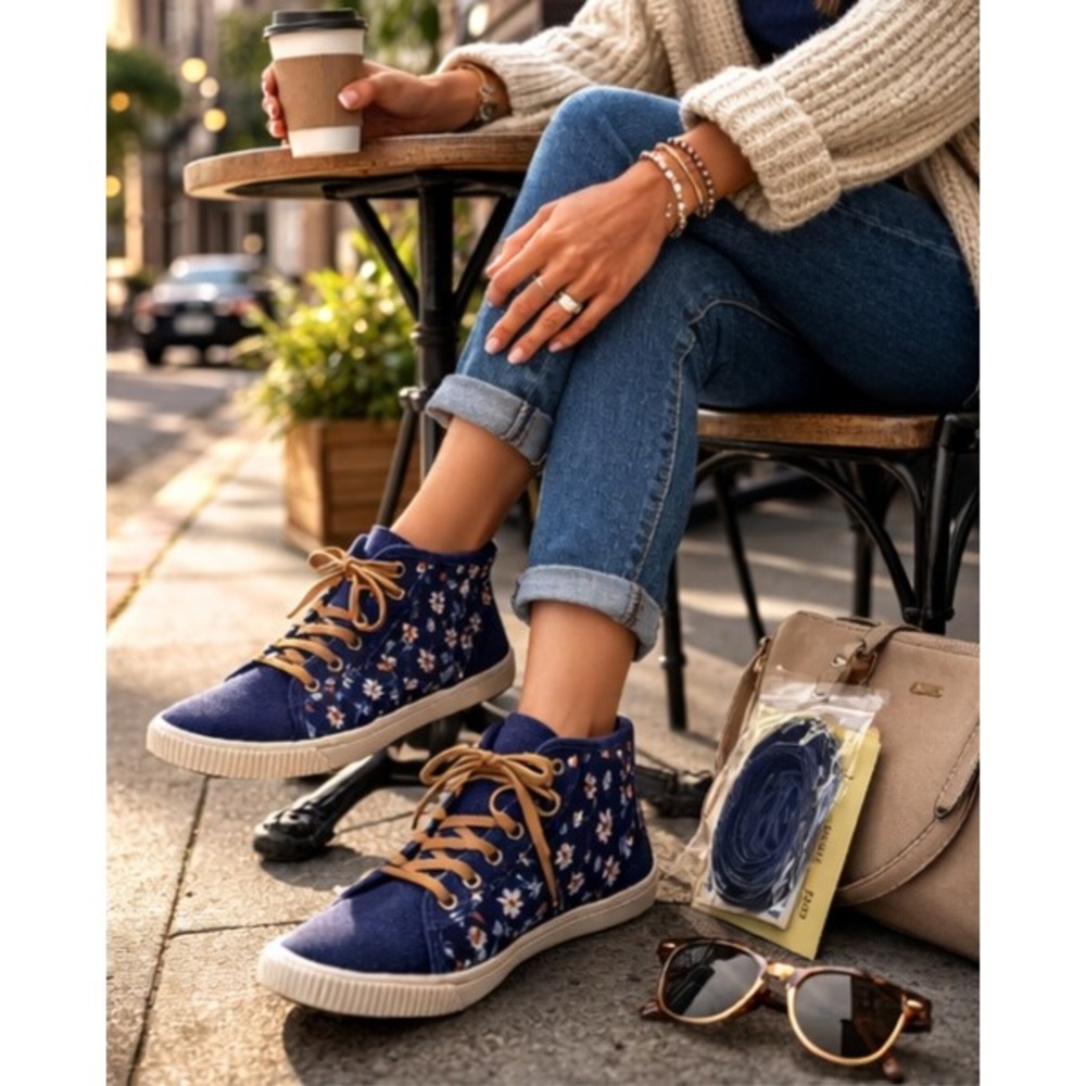 TOMS Floral Print High-Top Sneakers Blue‎ Size 7 Ortholite New - Picture 3 of 8